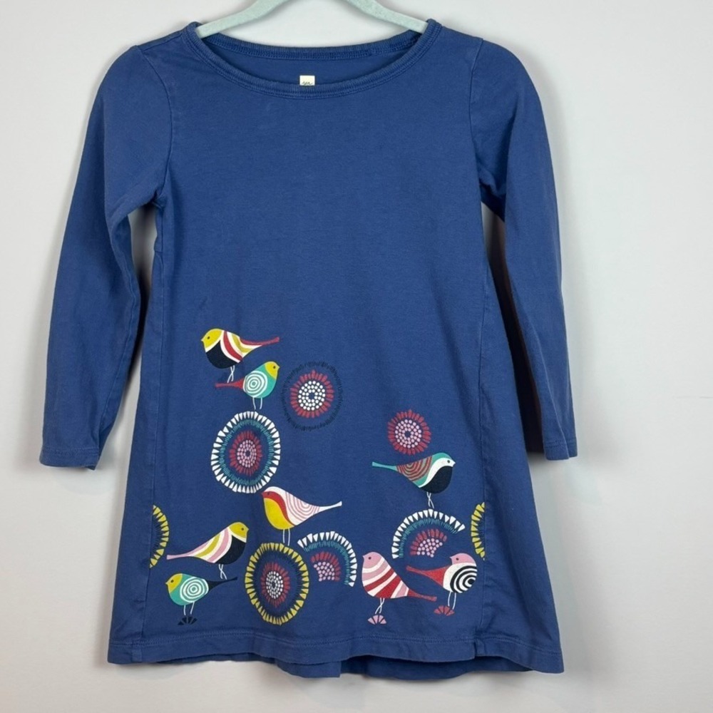 Tea Collection Girls Blue Bird Pattern 100% Cotton Long Sleeve Dress Size‎ 3